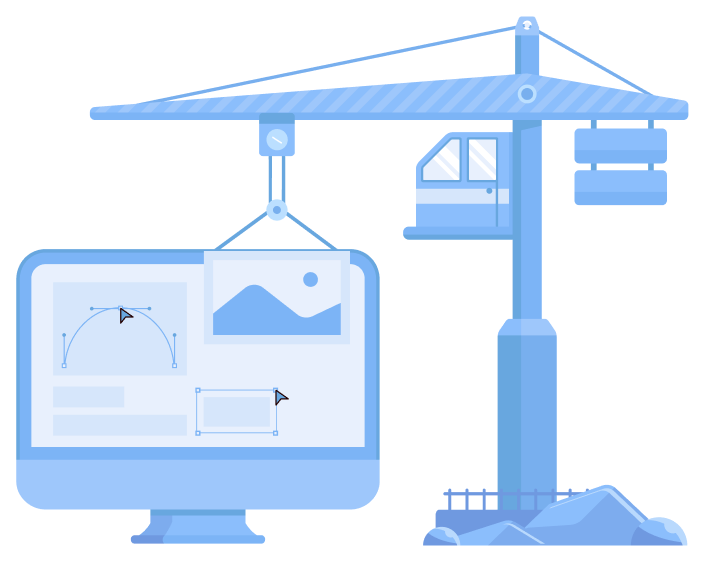 Sitio en construcción con grúa y computadora